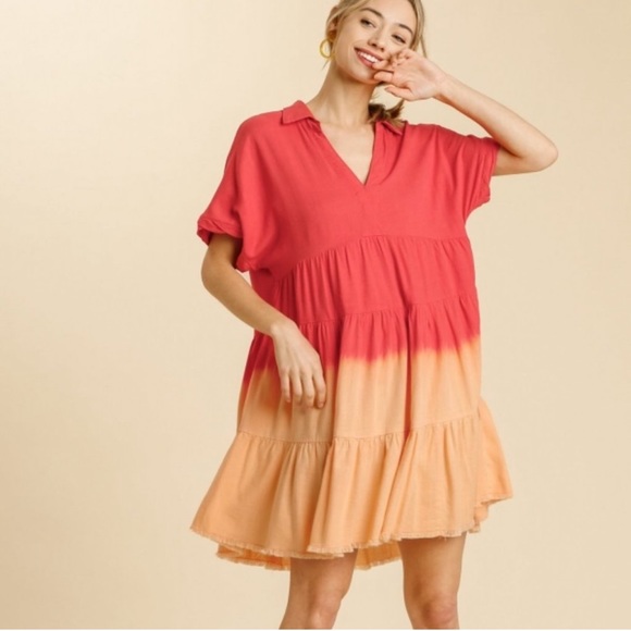 Umgee Strawberry Dip Dye Collar Tier Dress - Picture 1 of 3